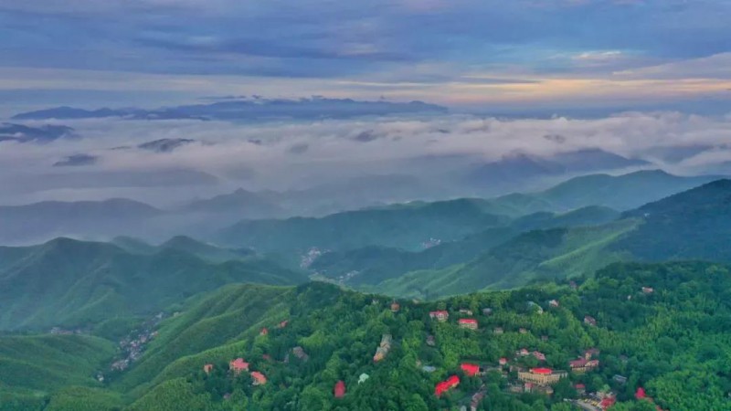 6月21日晨，雨后天晴的德清縣莫干山出現(xiàn)日出云海的壯美景觀，連綿峰林間云蒸霞蔚，美不勝收